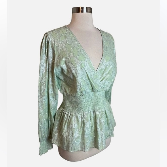 $118 Roller Rabbit Top Mint Green Metallic Jacquard V Neck Long Sleeve S - Picture 2 of 8